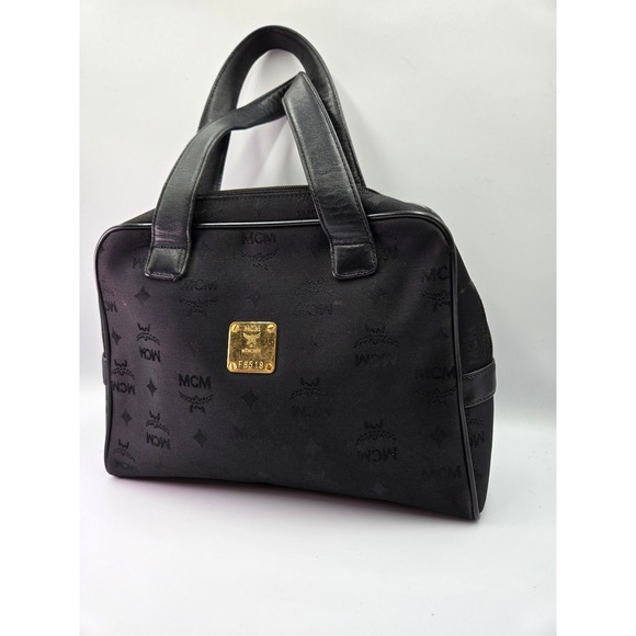 MCM Satchel Handbag Top Handle‎ Designer Logo Print Black Small - Picture 1 of 7